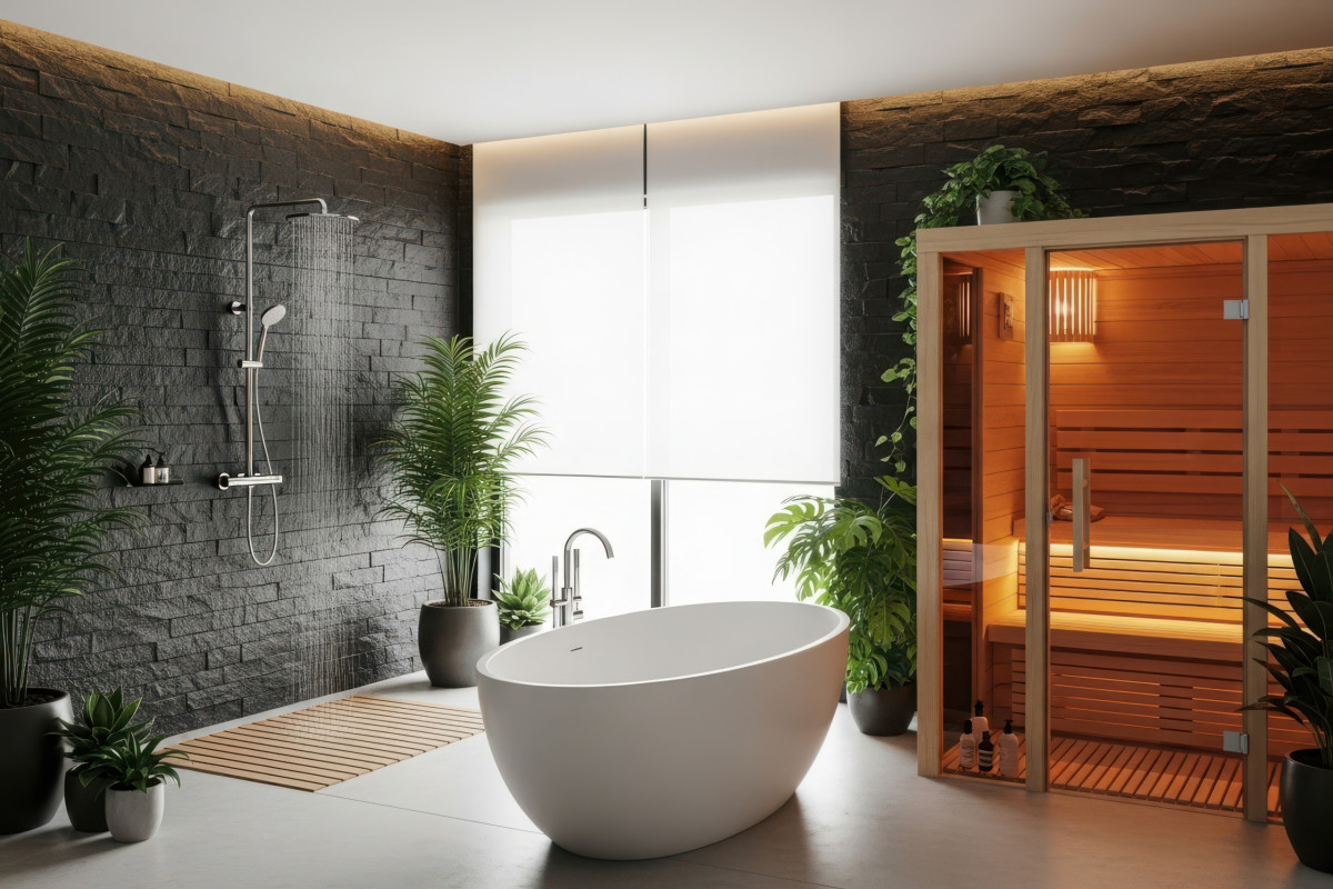 Modernes Bad mit freistehender Badewanne und Sauna