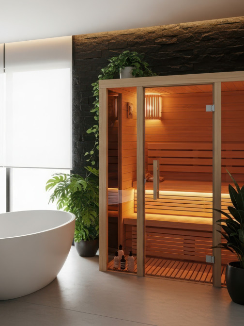 Modernes Bad mit freistehender Badewanne und Sauna