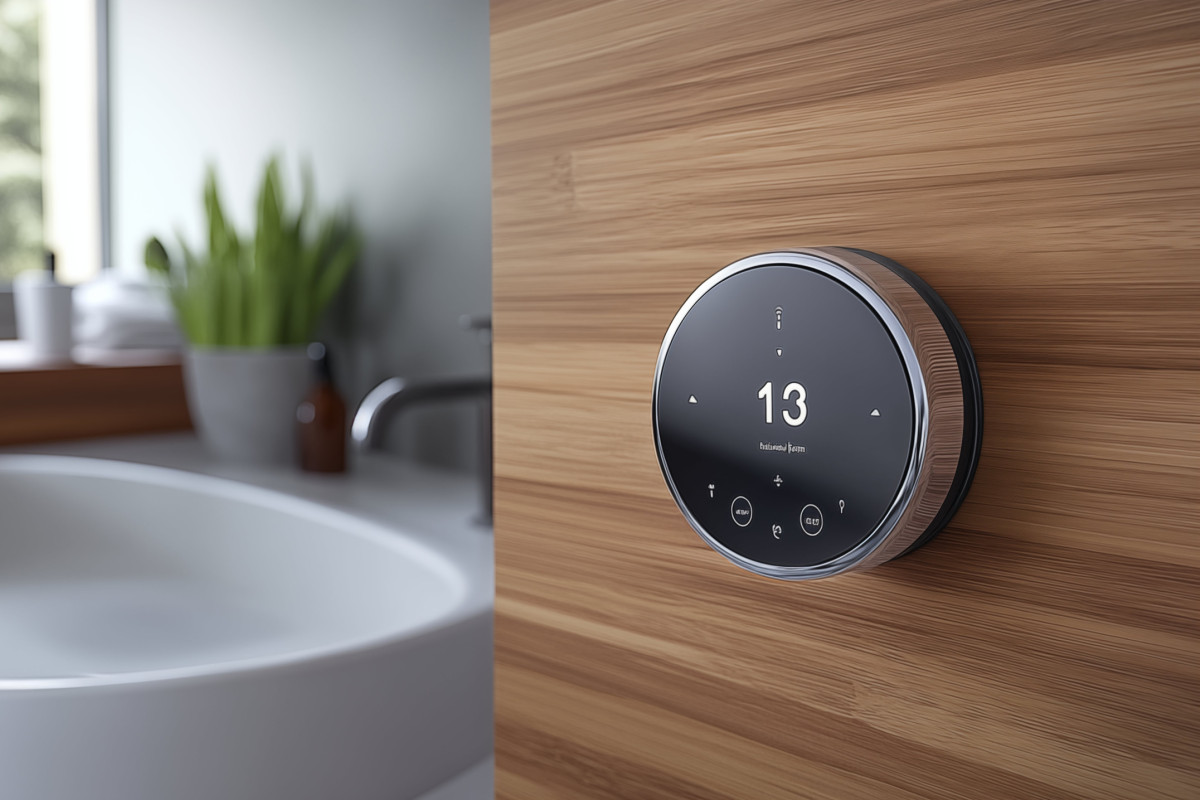 Modernes rundes Smart Home Gerät hängt an einer Holzwand im Bad