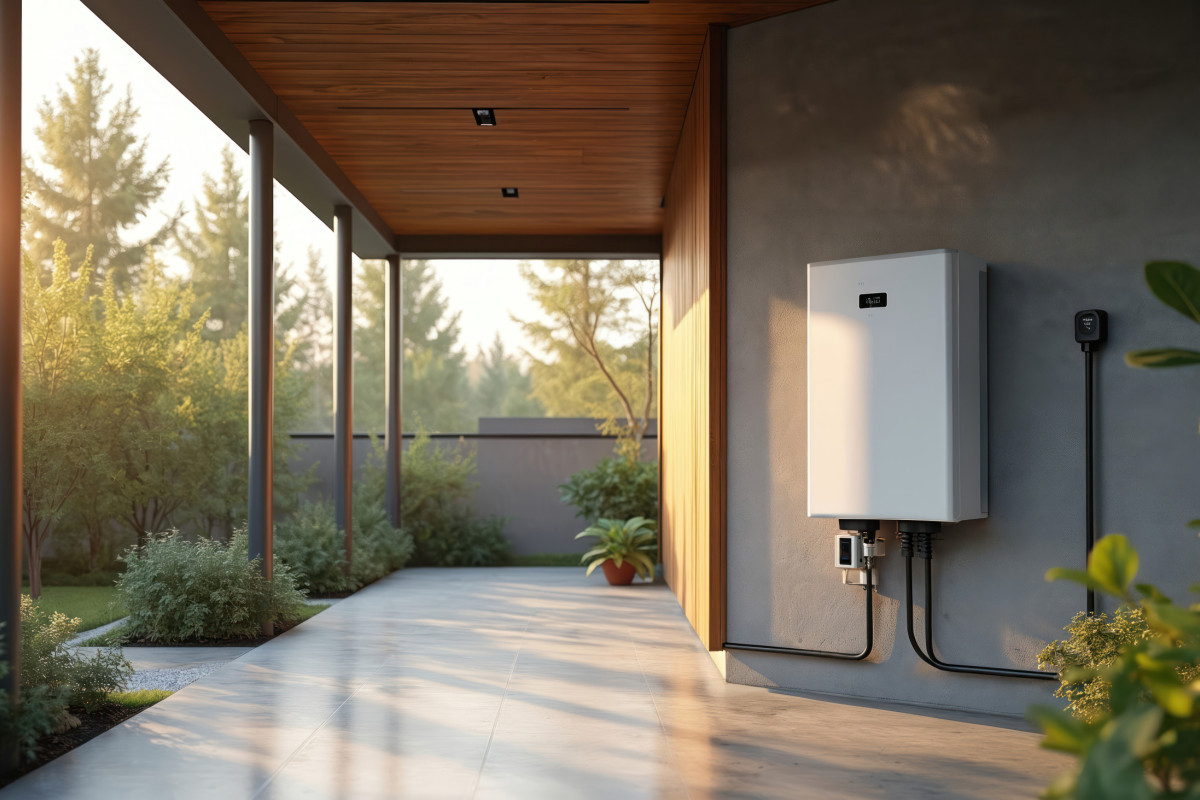 Blick auf den Außenbereich eines Gebäudes mit Batterie an Wand