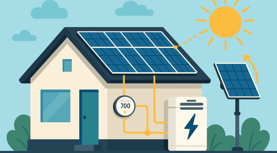 Ilustration einer PV-Anlage auf einem Haus mit Batteriespeicher