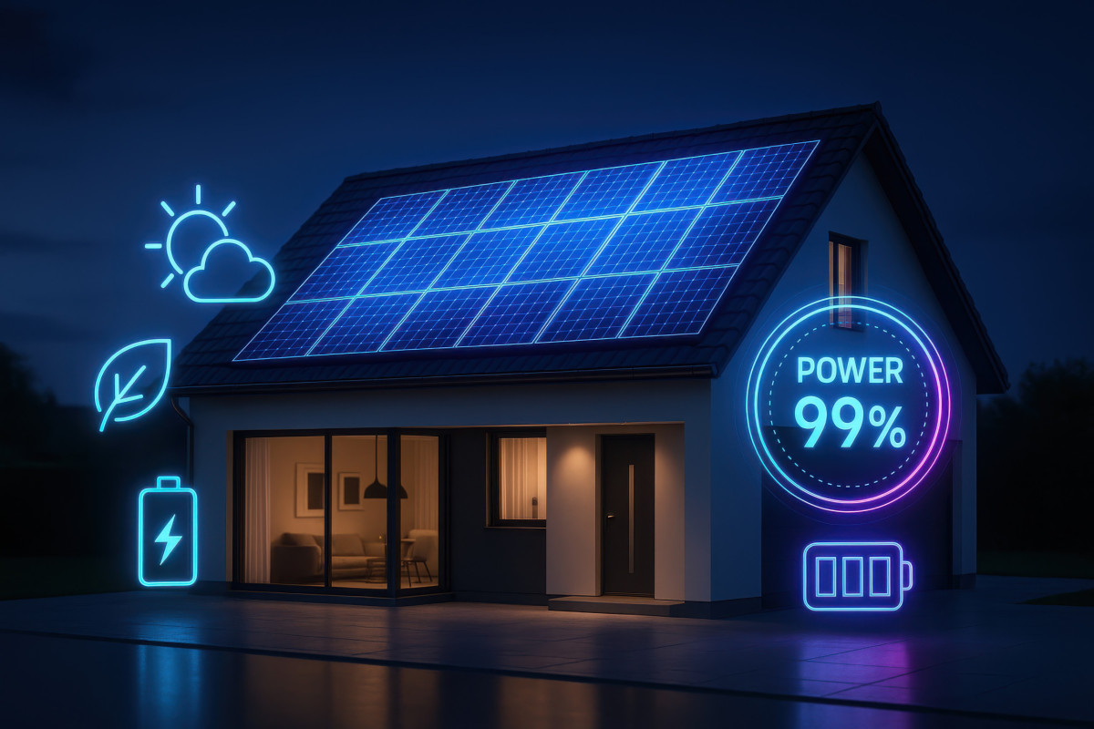 Illustration eines Hauses bei Nacht mit Energiesymbolen 