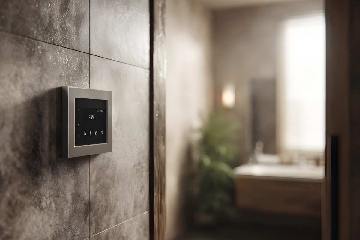 Blick auf ein Smart Home Display im Bad