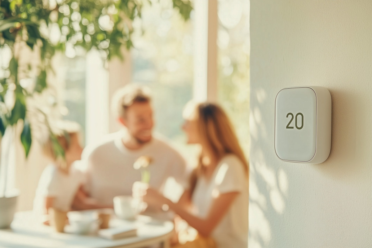 Im Vordergrund ein Smart-Home-Display im Hintergrund unscharf eine Familie am Esstisch.