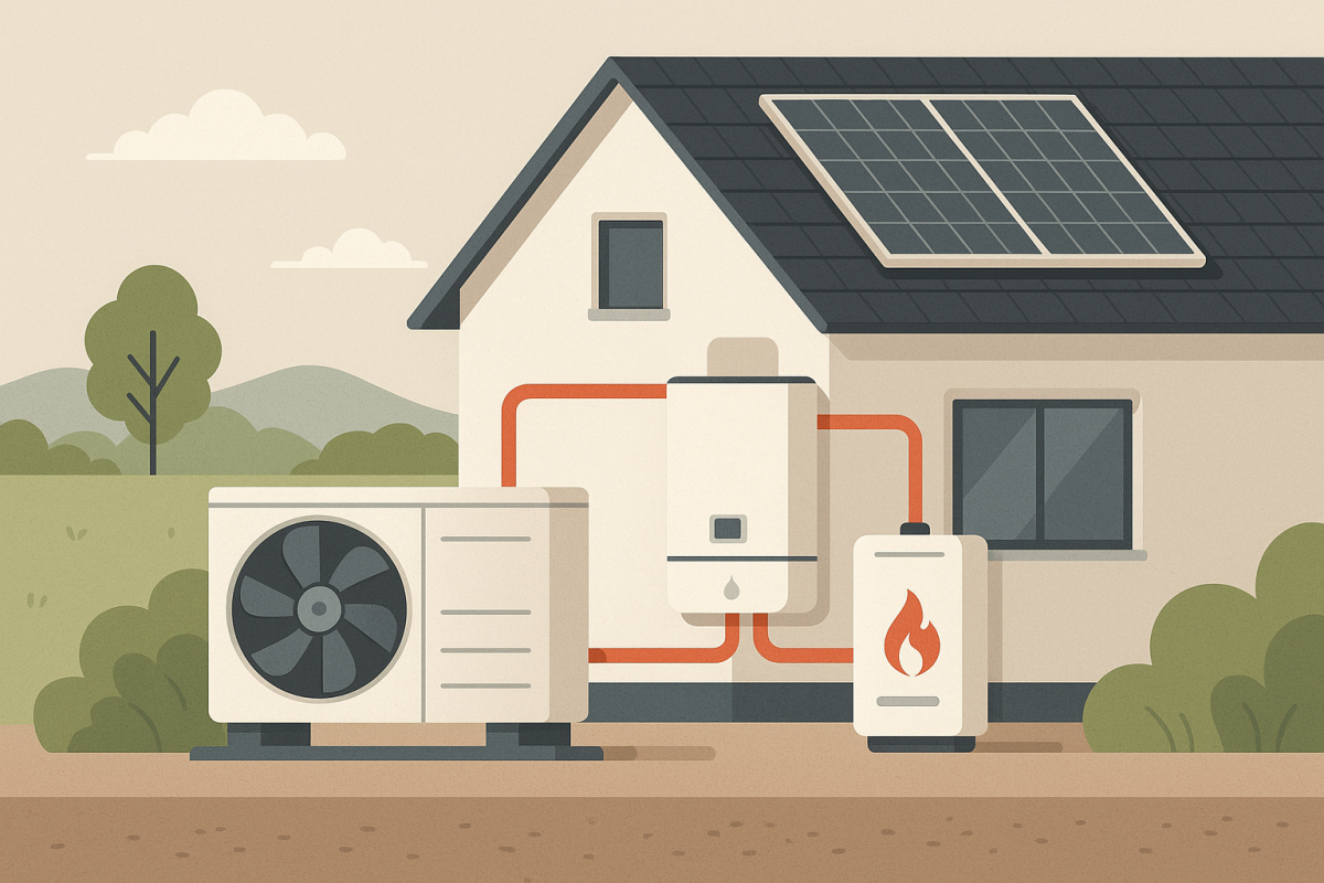 Grafik eines Einfamilienhauses mit Wärmepumpe und sichtbarem Heizkreislauf 